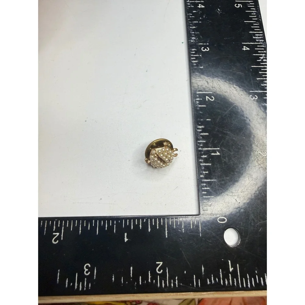 Vintage Gold Tone Faux Seed Pearl Ladybug Lapel Pin Whimsical Insect Brooch